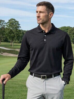 WEDGE Men's Black Long Sleeve Button Performance Golf Shirt, Size L